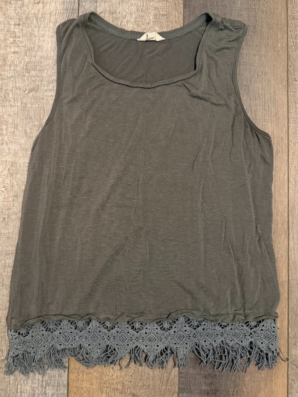 Womens Medium Olive Green Sleeveless Top with Fringe